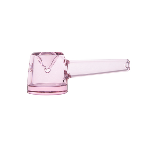 Deco Hand Pipe: A small pink-tinted glass banger, crafted in Art Deco style, featuring a geometric bowl and stem design, perfect for vaporizing concentrates.