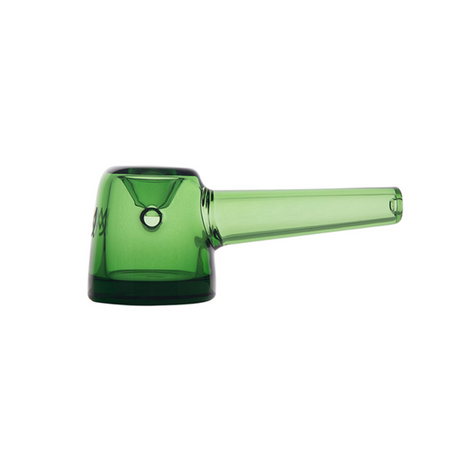 Green glass Deco Hand Pipe with cylindrical bowl, side carb, and straight mouthpiece, showcasing Art Deco elegance in a compact, functional design.