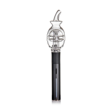 Fab Egg Pivot Top - Clear: A sleek black e-rig base with a clear Fab Egg glass attachment, featuring intricate percolator arms and a curved mouthpiece for smooth vapor.