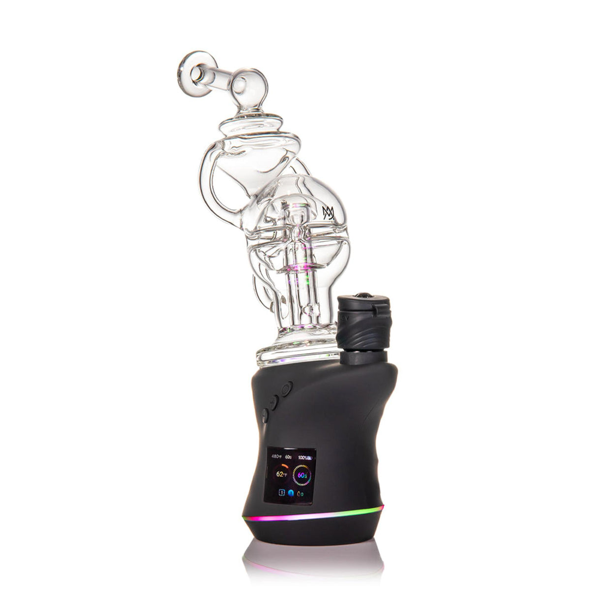 Fabcycler Focus V Carta Top - Clear: A black e-rig base with touch-screen, topped by a clear glass water chamber featuring internal percolators for smooth vaporization.