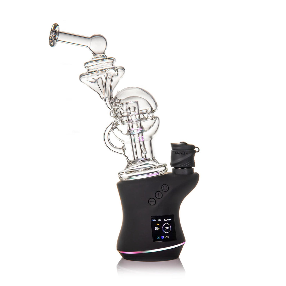 Fabcycler Focus V Carta Top - Clear: Features a glass recycler on a matte-black e-rig base, enhancing diffusion and airflow for smoother vapor sessions.