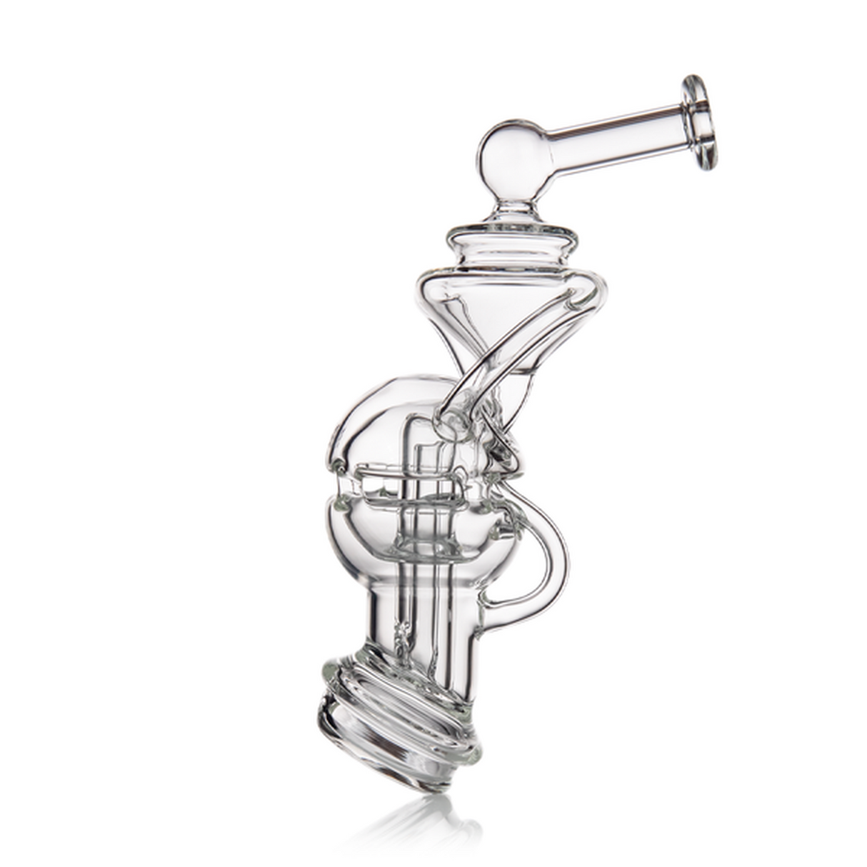 Fabcycler Peak Attachment featuring a bent mouthpiece, internal recycling chambers, and a joint, enhancing vapor quality with fab egg diffusion and recycler functionality.