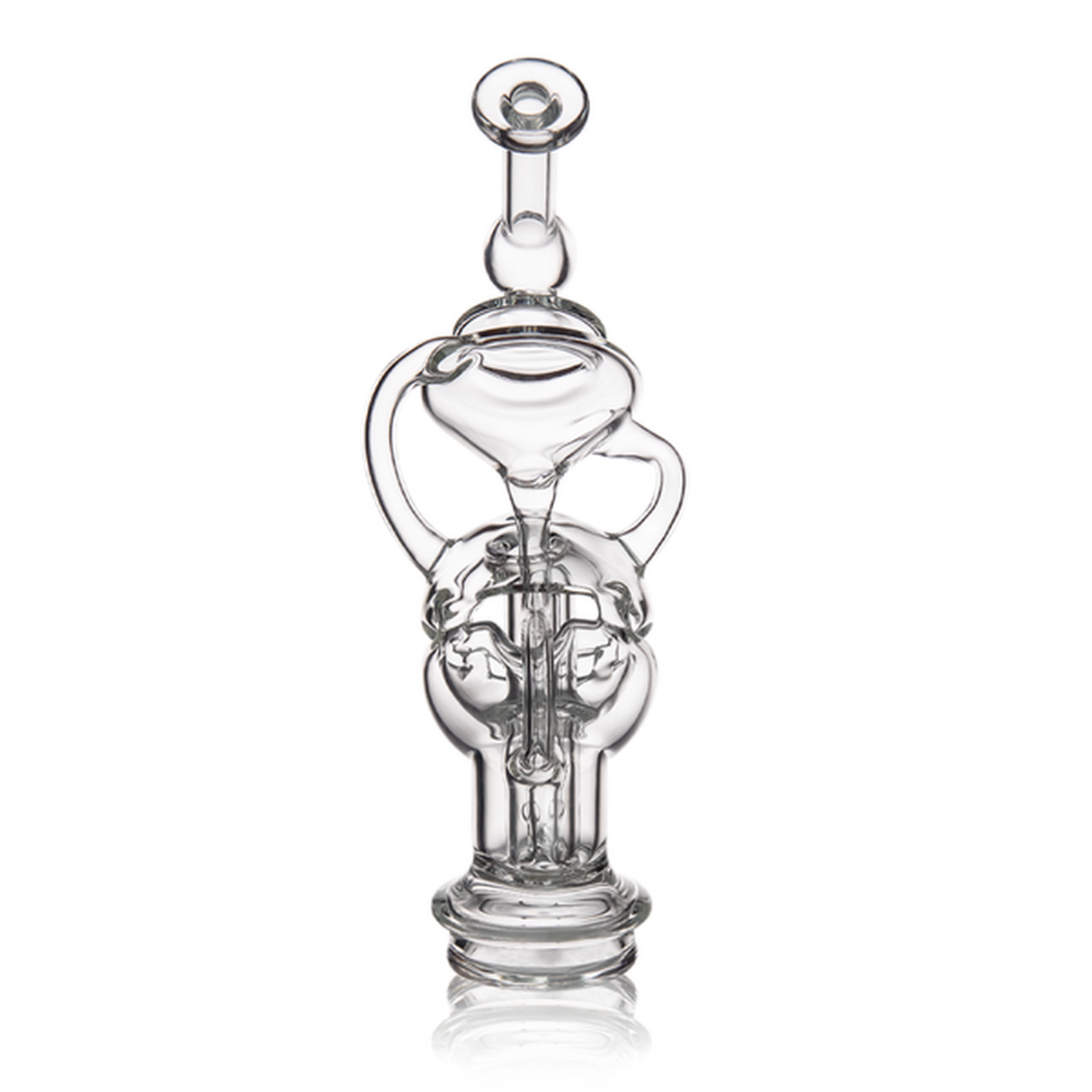 Fabcycler Peak Attachment: Handcrafted borosilicate glass water pipe with recycler arms, fab egg diffusion, and flared mouthpiece, enhancing Puffco Peak performance with smooth, cooler hits.