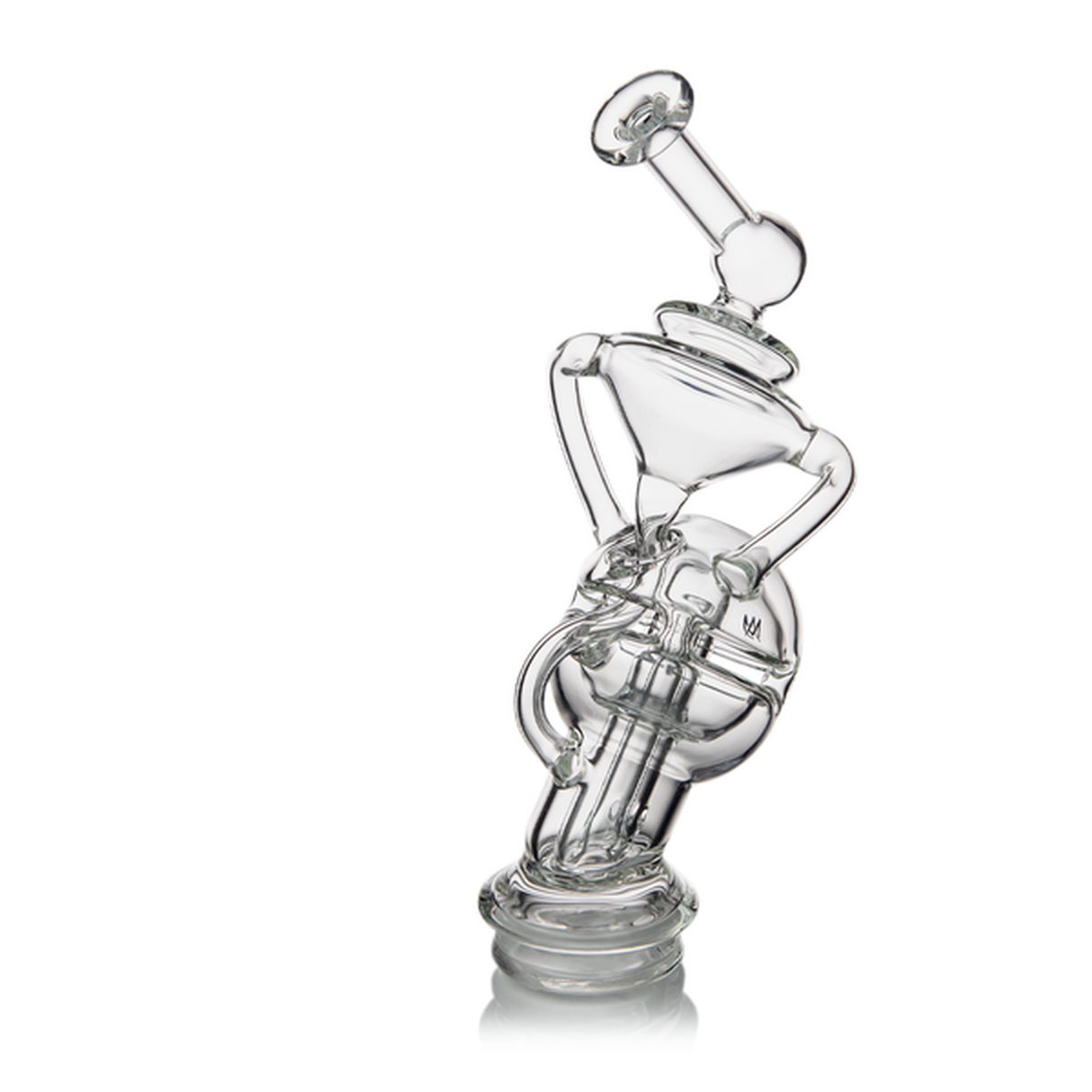 Fabcycler Peak Attachment: A clear borosilicate glass water pipe with multiple chambers, percolators, and flared mouthpiece, designed for smooth, cool vapor diffusion and recycling.