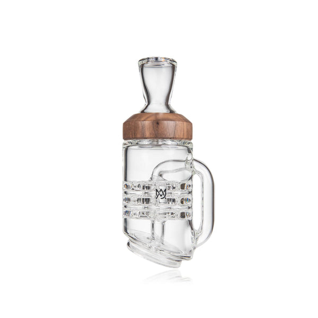 Halo Peak Attachment - Alpine Collection: A glass dab rig with a clear percolator chamber, wooden collar, bent mouthpiece, and ergonomic handle for enhanced airflow and smooth draws.