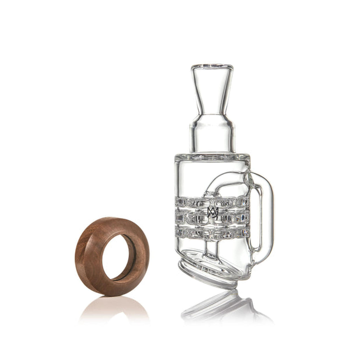 Halo Peak Attachment - Alpine Collection: Glass recycler-style water pipe with stacked percolators and splash guard, paired with a walnut base for stability and elegance.
