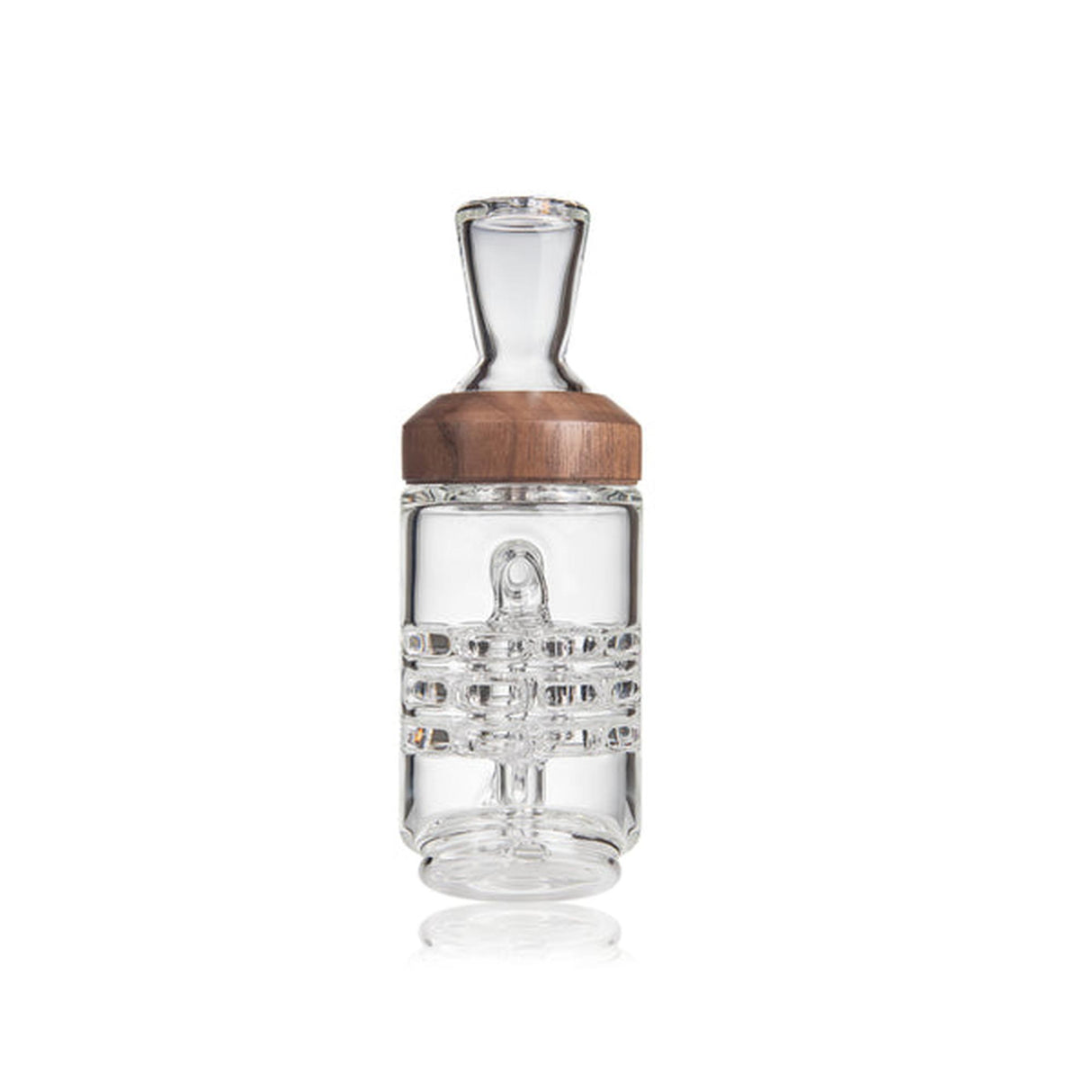 Halo Peak Attachment - Alpine Collection: Glass-on-glass dab rig with walnut accent, featuring a slender mouthpiece and integrated percolator for smooth, flavorful vapor.