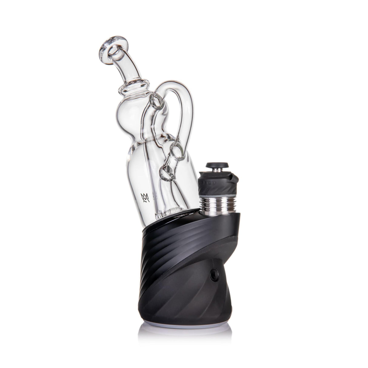 Lasso Peak Attachment: A desktop e-rig with a black base, clear glass water chamber, and elegant looping recycler pathways for smooth, flavorful vaporization.