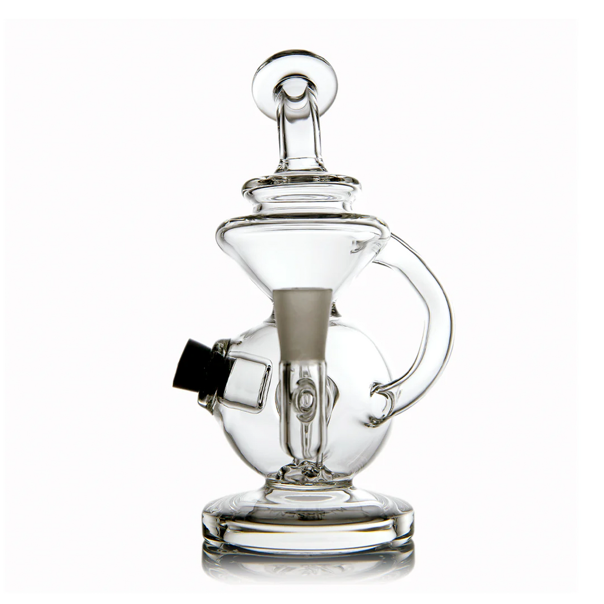 Mini Jig Mini Dab Rig - Clear: Compact glass design with spherical chamber, down-stem, mouthpiece, recycler loop, and integrated storage for efficient dabbing.