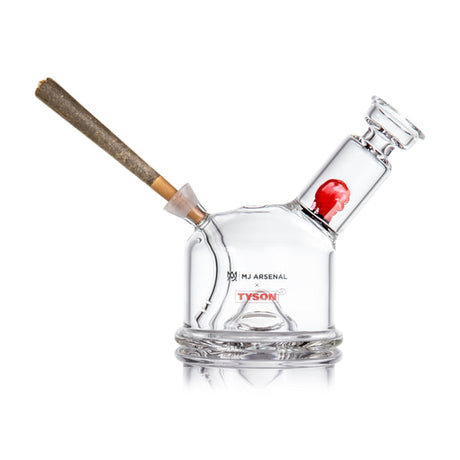 MJA x Tyson 2.0 Punch-Out Bubbler with a pre-roll, features a red glass accent in the mouthpiece chamber, highlighting its compact, functional design.