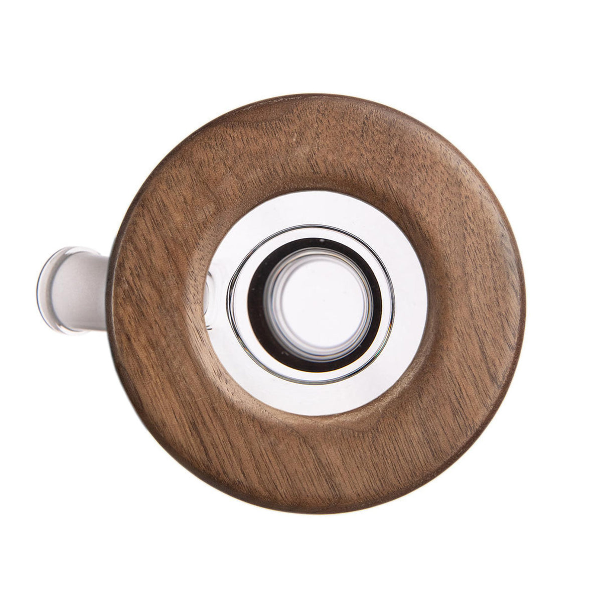 Palisade Bong - Alpine Collection: Top-down view of a clear borosilicate glass cylinder with a wooden collar and side mouthpiece, showcasing modern wood-glass design.
