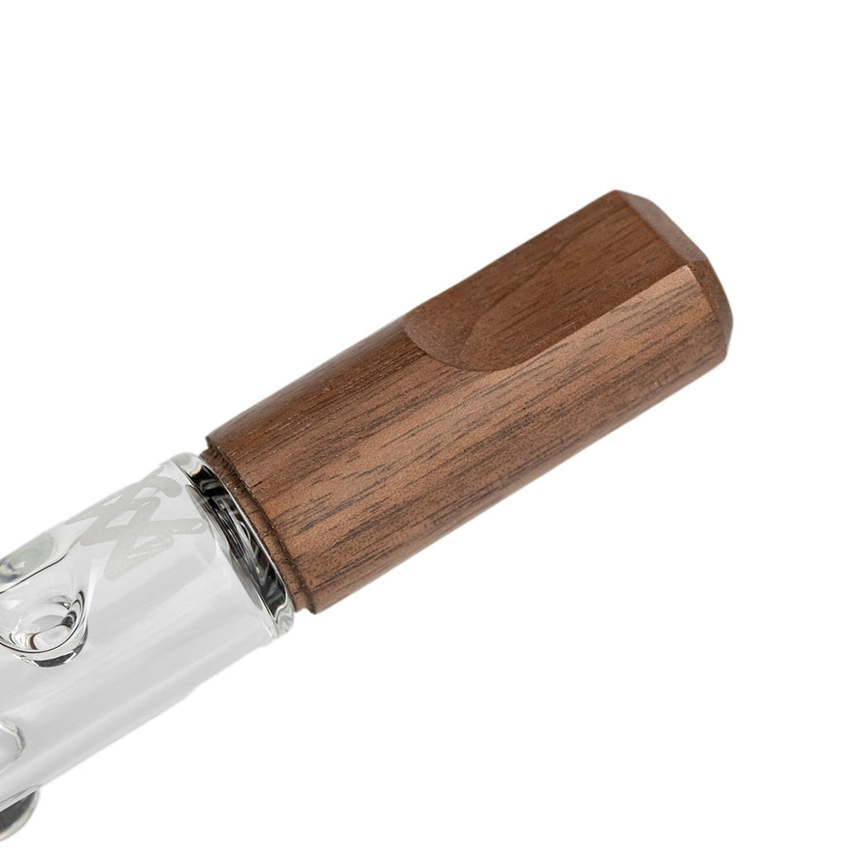 Ridge Chillum - Alpine Collection: Close-up of a clear glass tool with decorative bubbles, joined to a faceted wooden mouthpiece, showcasing premium craftsmanship.