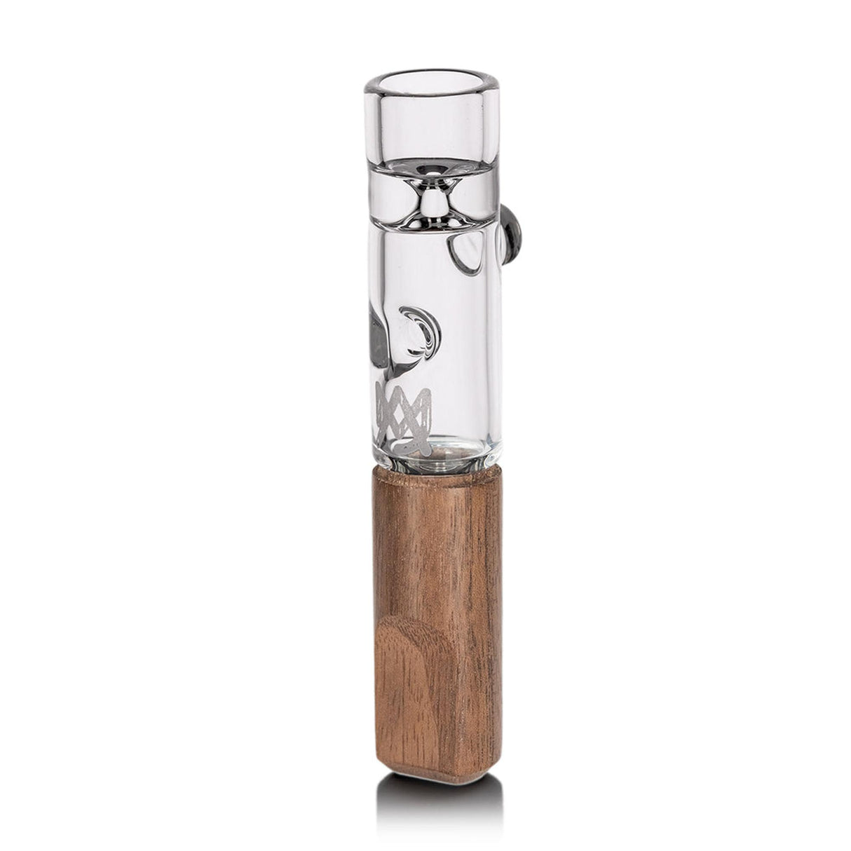 Ridge Chillum - Alpine Collection: A compact glass one-hitter with a clear water chamber and wooden handle, showcasing premium craftsmanship and ergonomic design.