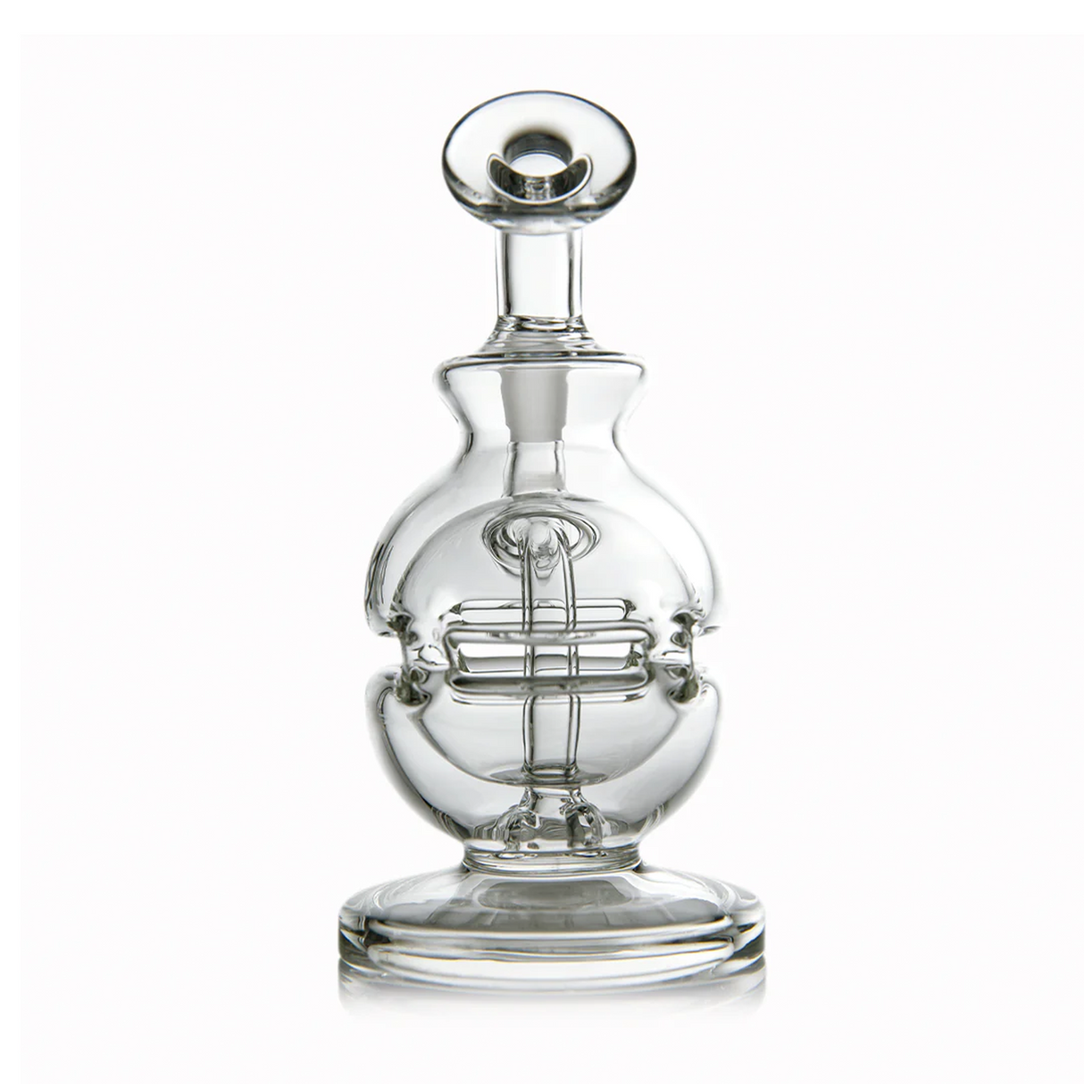 Royale Mini Dab Rig - Clear: A compact, clear-glass tabletop bubbler with a round base, bulbous chamber, internal percolator, and straight neck with rounded mouthpiece.