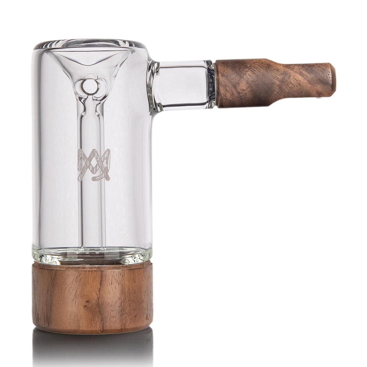 Steamboat Bubbler - Alpine Collection: Portable glass bubbler with wooden base and mouthpiece, featuring an internal downstem for smooth, filtered draws.