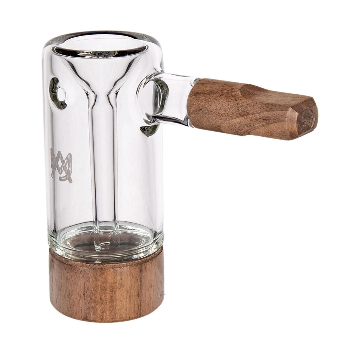 Steamboat Bubbler - Alpine Collection: A glass water-pipe with a wooden base and handle, featuring a built-in percolator tube inside the clear chamber.