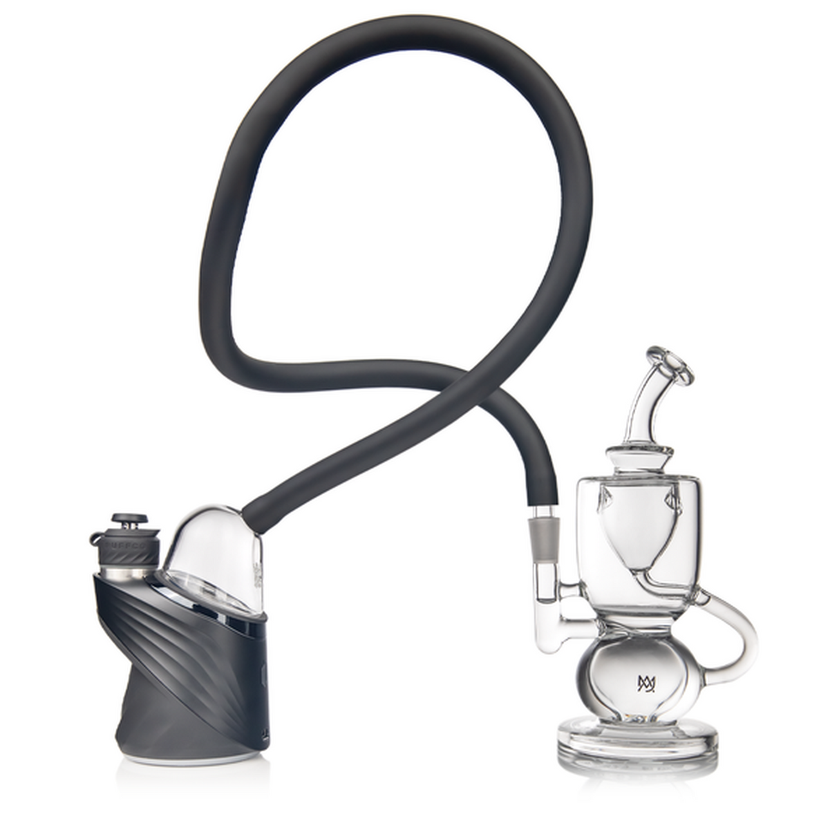 Bridge Peak Attachment: Portable vapor-rig with glass heating chamber, silicone hose, and glass water-bubbler for customizable vaporizing through water filtration.