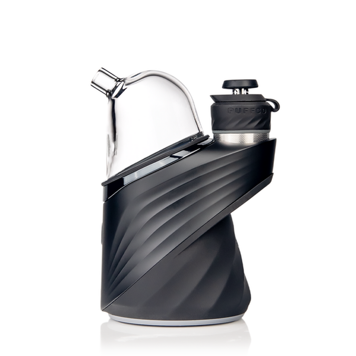 The Bridge Peak Attachment: Matte-black vaporizer with removable glass top, customizable connections, and smooth airflow for personalized concentrate sessions.