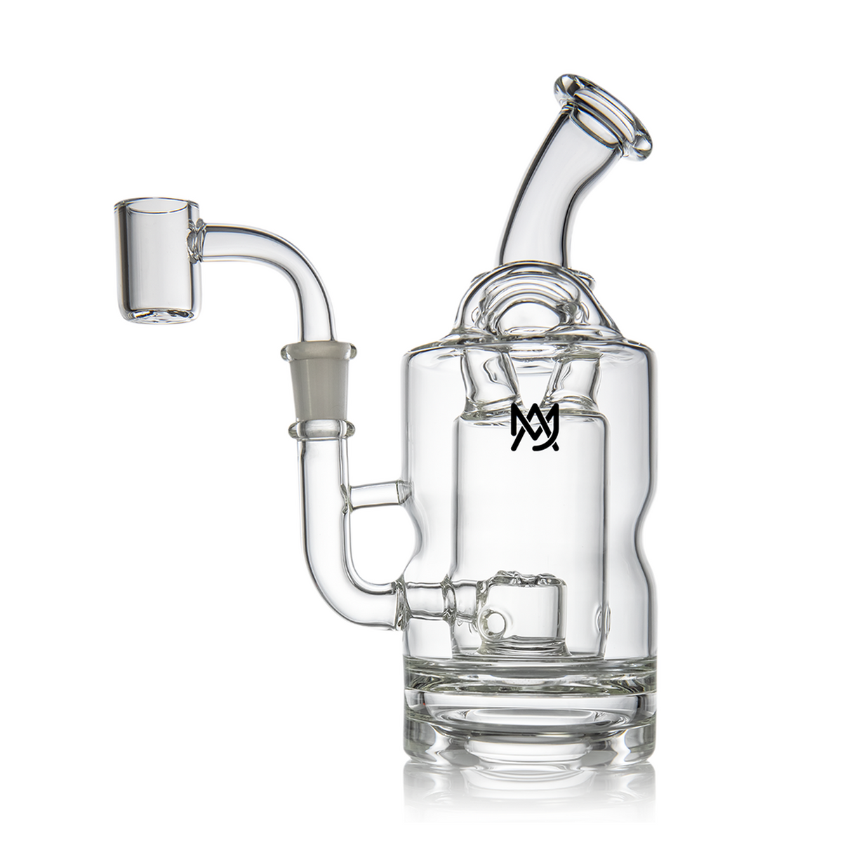 Turbine Mini Dab Rig - Clear: A compact glass rig with a cylindrical chamber, bent-neck mouthpiece, and side quartz banger, featuring dual percolators for smooth vapor diffusion.