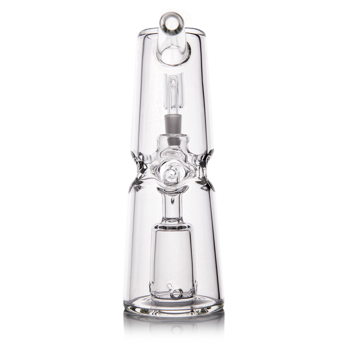 Turret Mini Dab Rig - Clear: A compact glass rig with turret percolator and fab egg design, featuring a quartz nail and mini-percolator for smooth dabbing.
