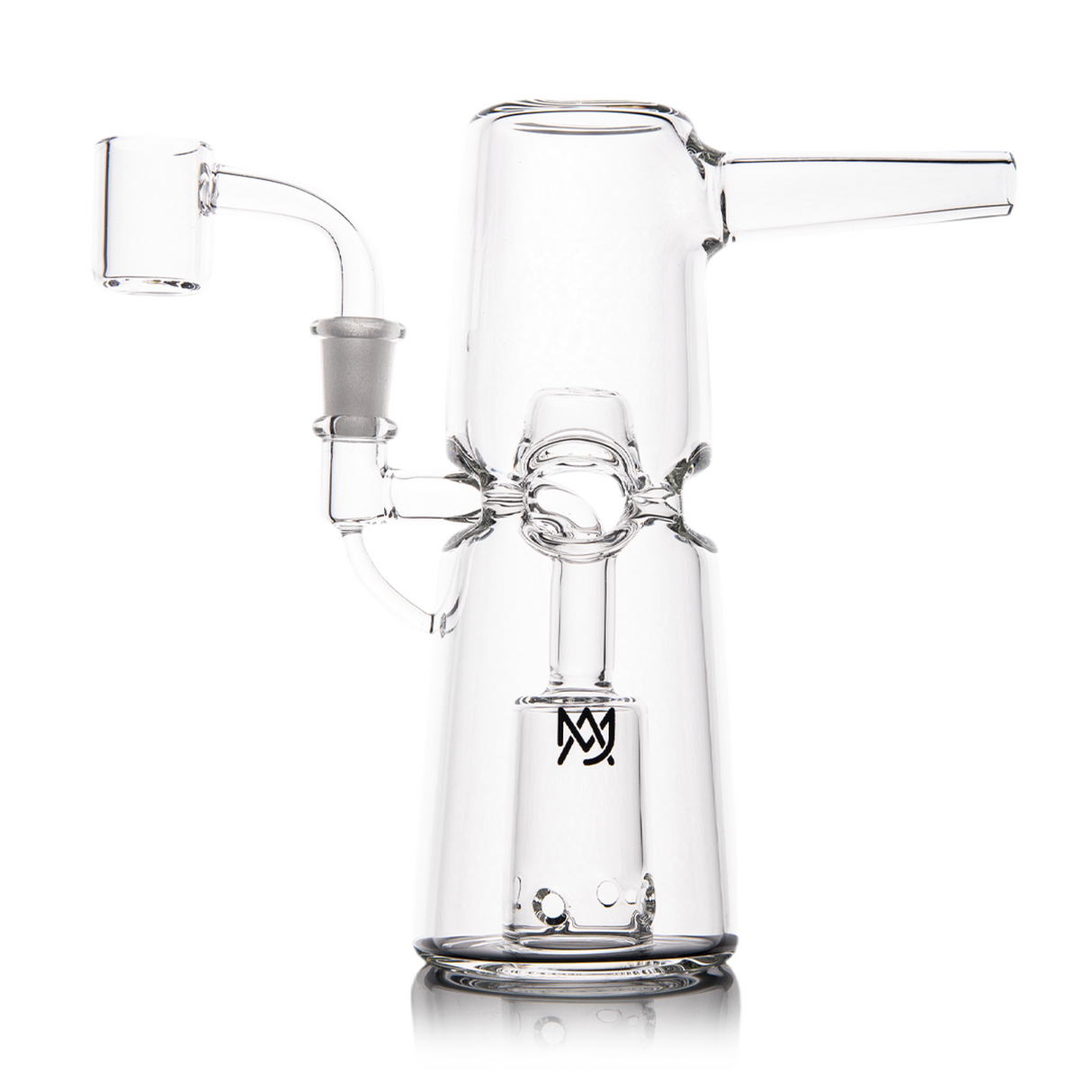 Turret Mini Dab Rig - Clear: Compact glass rig with turret percolator, horizontal mouthpiece, and quartz banger, designed for smooth cannabis extract vaporization.