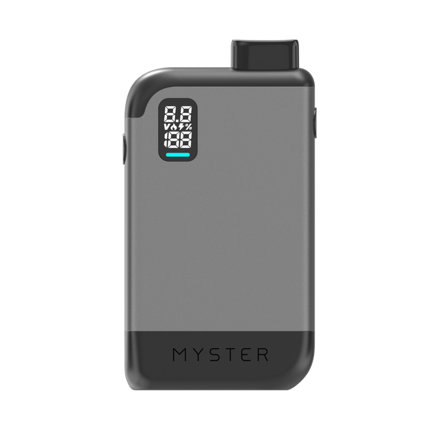 MagBox 510 Battery - Silver: Pocket-sized, two-tone device with digital display, knurled dial, and brand name MYSTER for discreet, magnetic vaping.