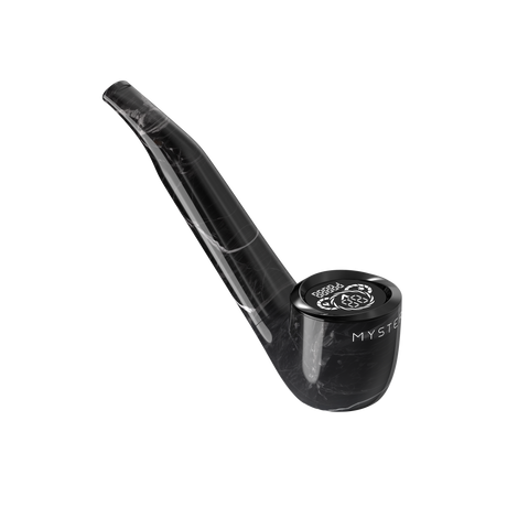 Pype Pro Battery in glossy black with marble texture, sculpted design featuring a long mouthpiece, round bowl with emblem, and MYSTER... branding.