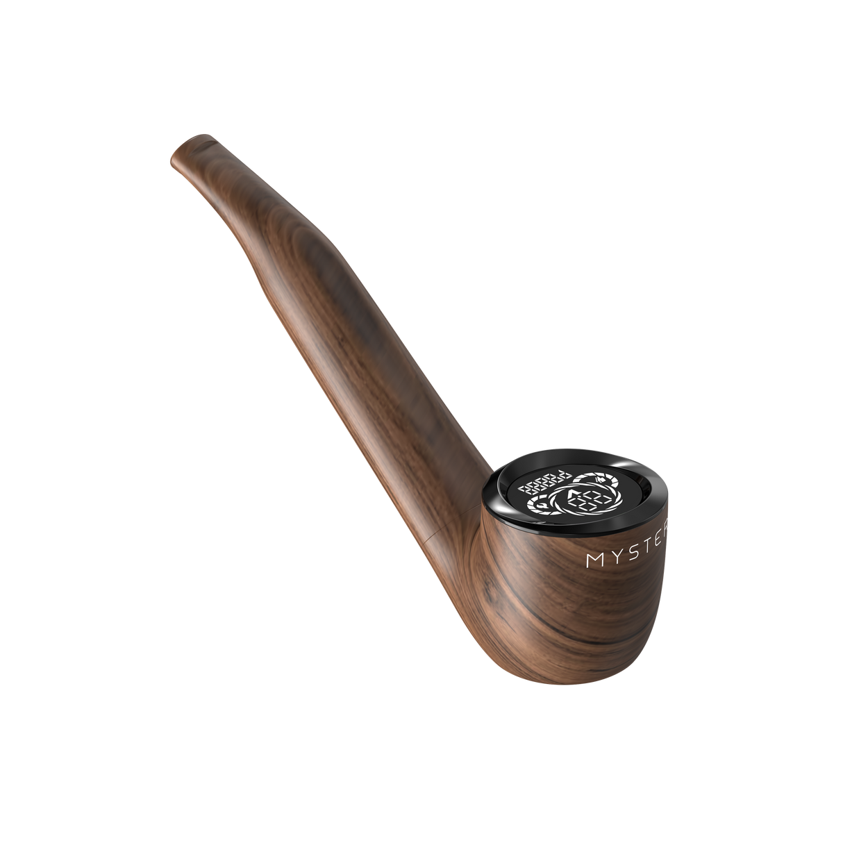 Wooden smoking pipe with black lid, labeled MYSTER. Integrated PYPE PRO battery offers voltage control and LED display for customized vaping sessions.