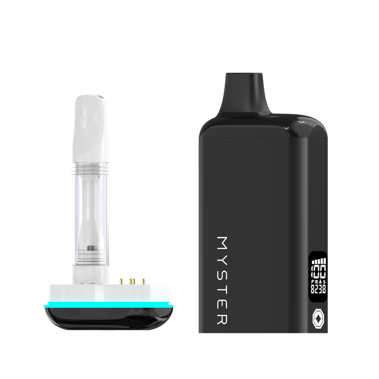 SlickBox V2 510 Battery: Two-piece vaporizer with branded rechargeable mod and refillable pod/coil cartridge, featuring LCD display and multiple voltage settings.