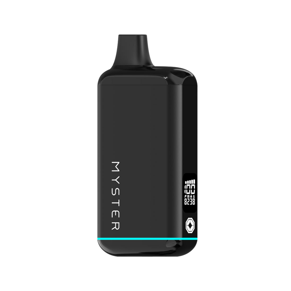 SlickBox V2 510 Battery: A glossy black, pocket-sized vape with OLED screen, built-in mouthpiece, teal accent, and MYSTER branding vertically.