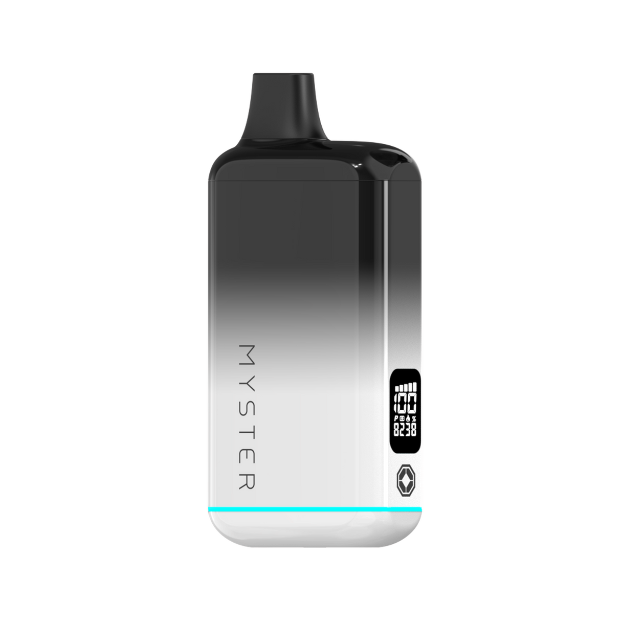 SlickBox V2 510 Battery - pocket-sized vape with LCD display, vertical MYSTER print, teal LED base, mouthpiece, and 100% battery indicator on screen.