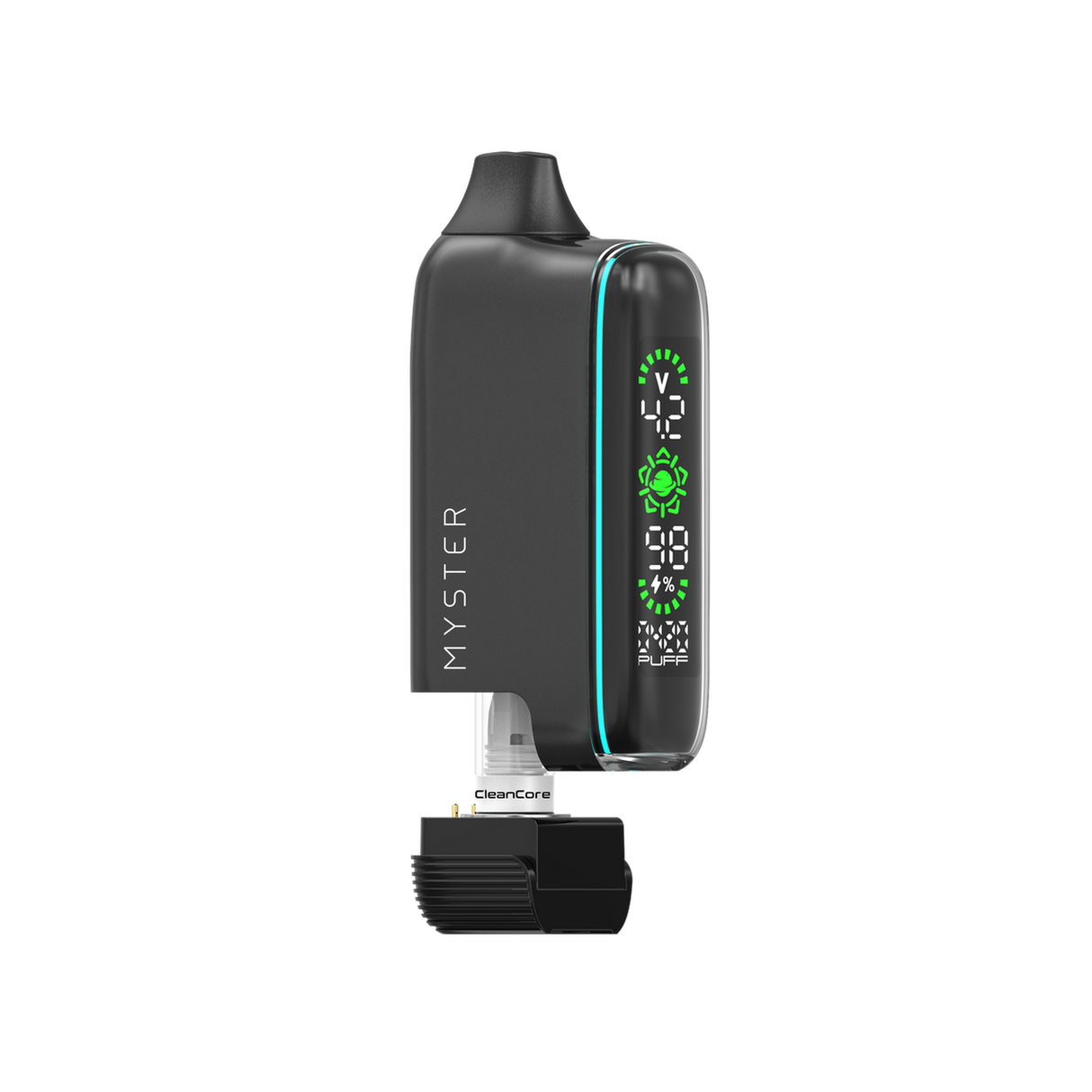 MYSTER SPACEBOX 510 Battery vape device, featuring a black pod system with removable cartridge, mouthpiece, and vertical LED display for voltage, puff count, and battery level.