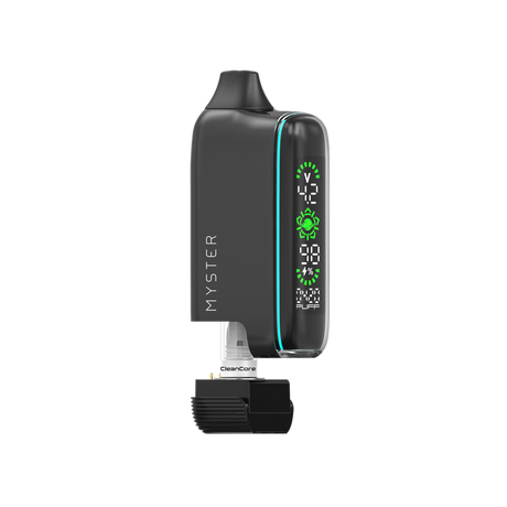 MYSTER SPACEBOX 510 Battery vape device, featuring a black pod system with removable cartridge, mouthpiece, and vertical LED display for voltage, puff count, and battery level.