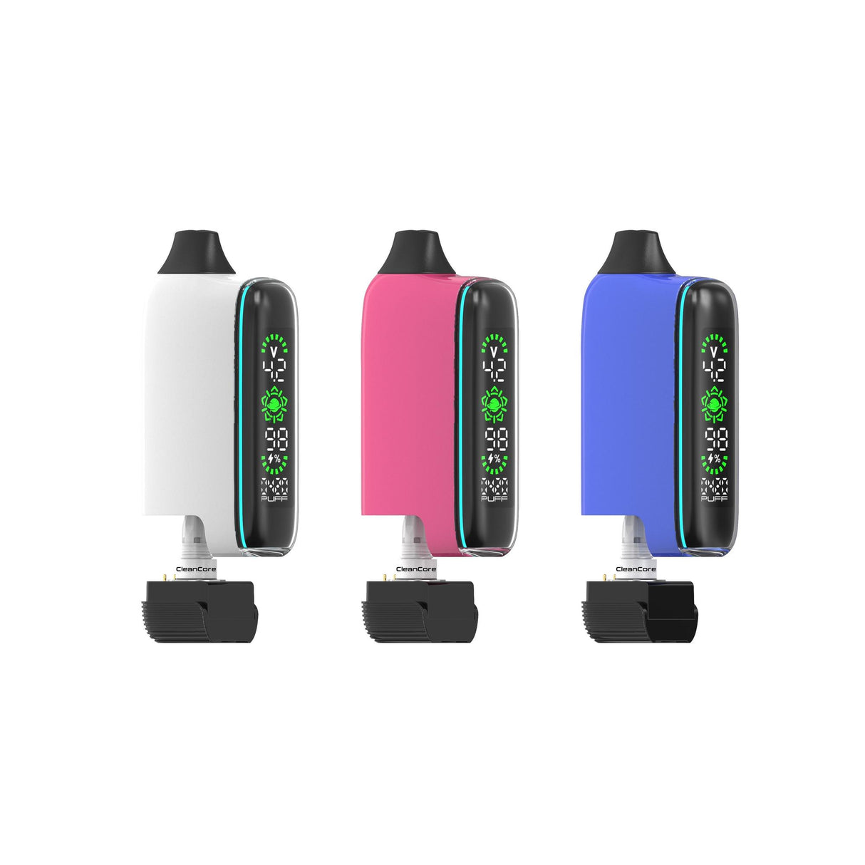 Three Spacebox 510 Battery pod-style vaporizers with black mouthpieces and digital displays, showcasing the sleek design and advanced vaping features.