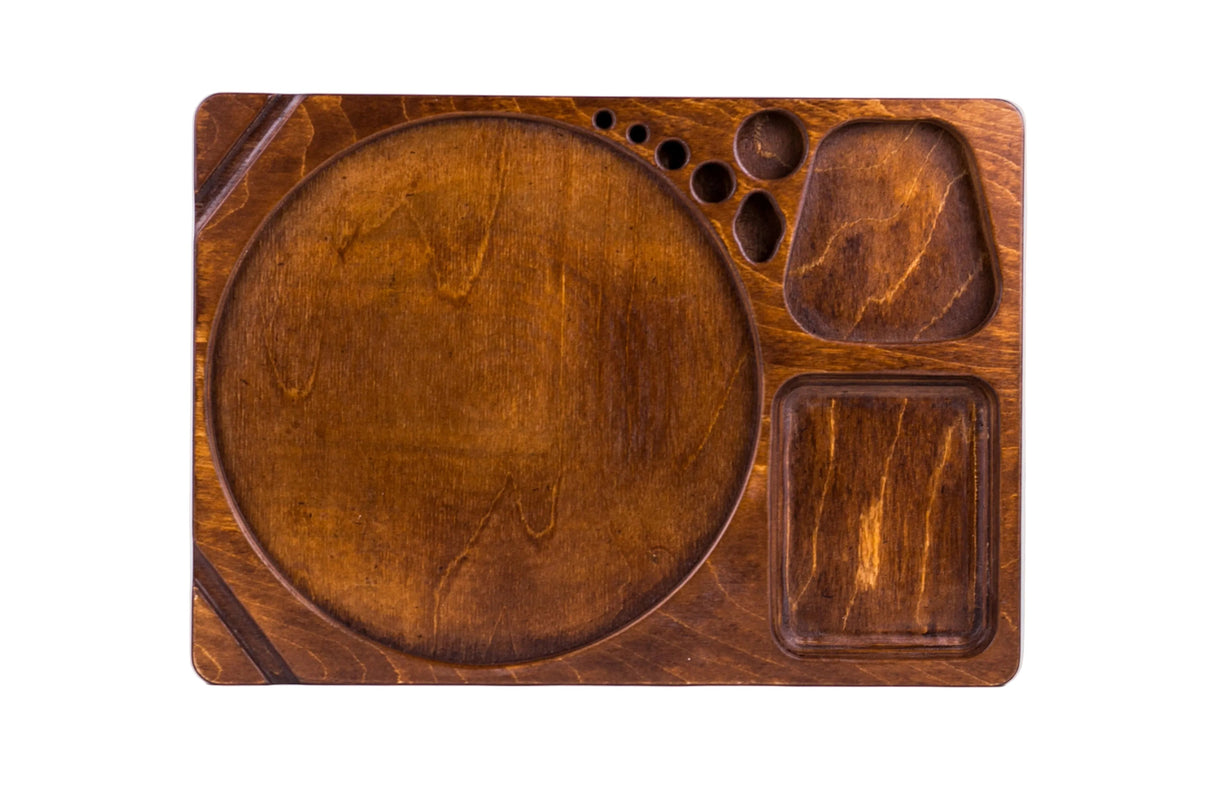 Blazy Susan Dab Tray: Birch wood tray with large circular well, three varied-shaped wells, and five small holes for organized snack serving or item arrangement.