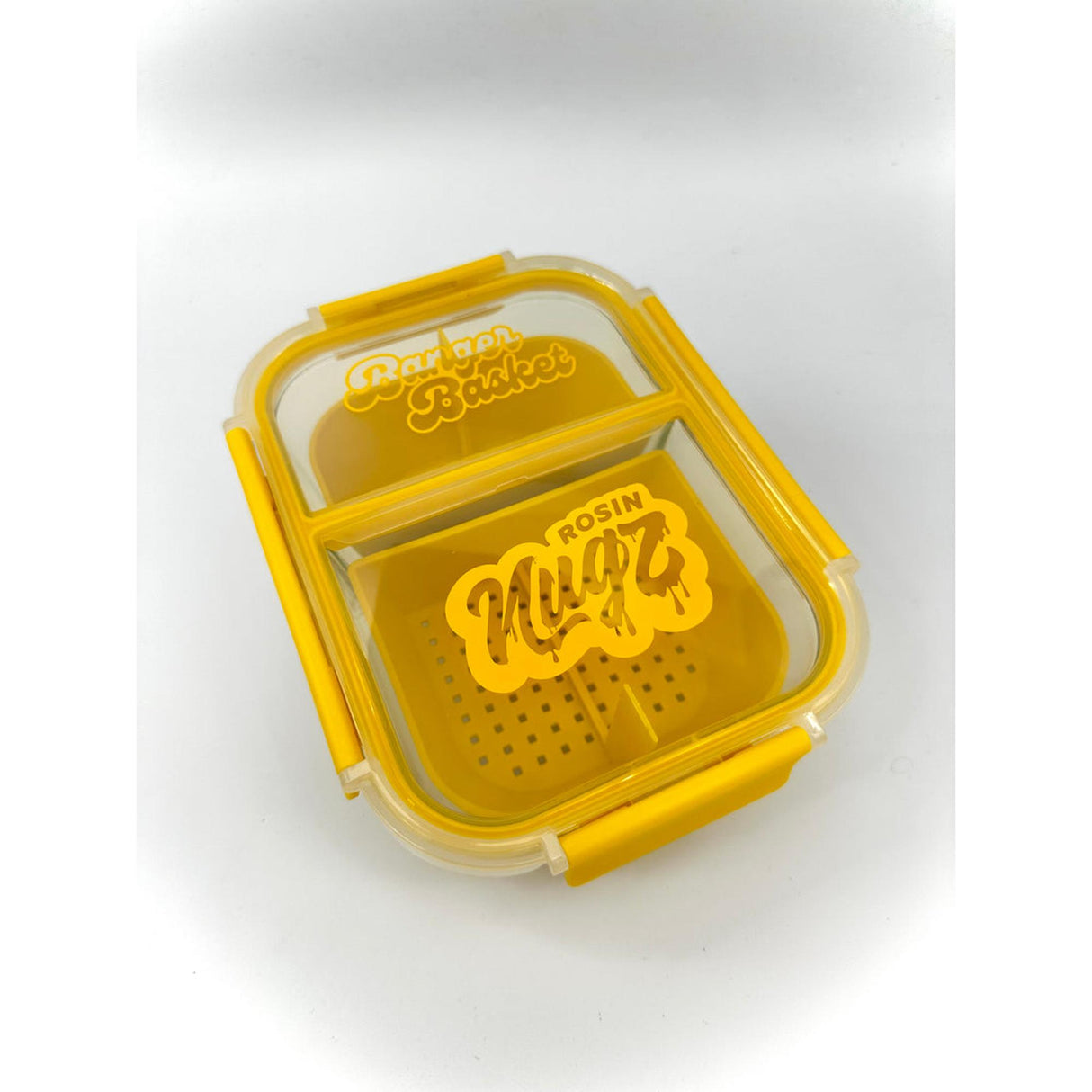 Banger Basket with a sealable lid and logo, featuring dual compartments and handles for cleaning dabbing tools efficiently, enhancing user convenience.