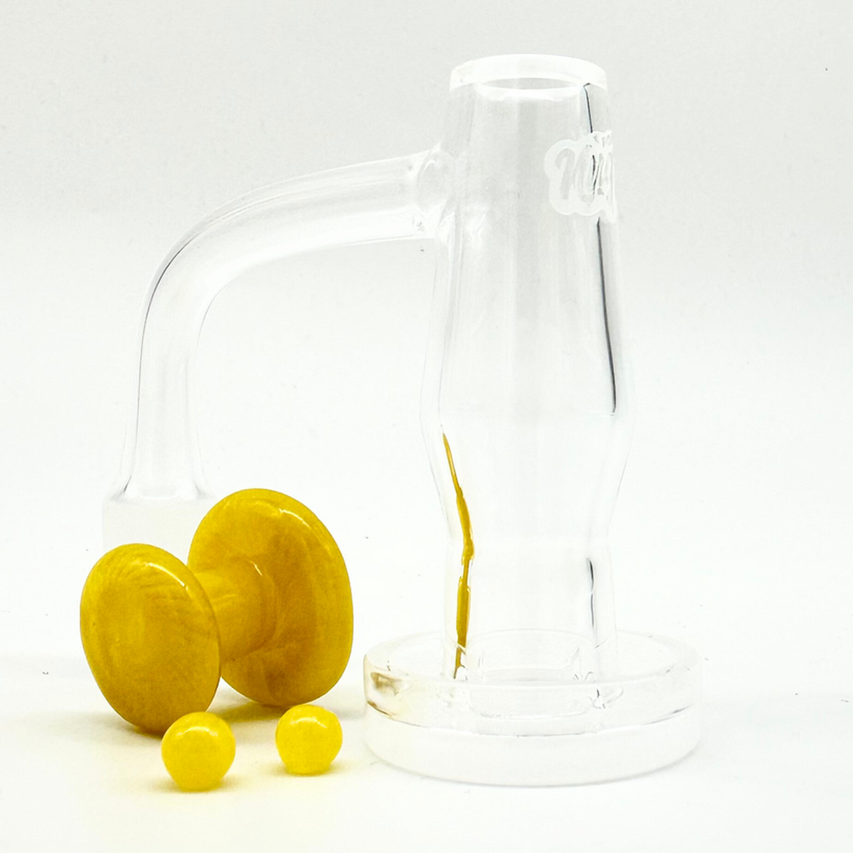 Lava Lamp Quartz Banger Kit by Nugz, uniquely shaped for aesthetic flair, crafted from quartz for durability and flavor, includes terp pearls and carb cap.