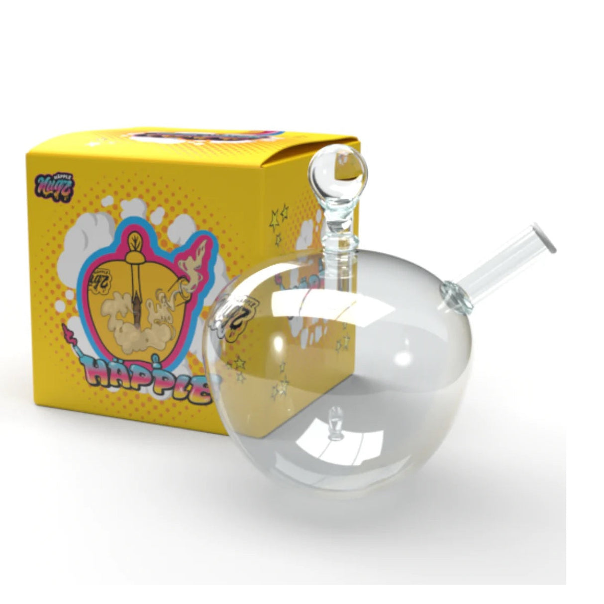 NUGZ HAPPLE glass pipe with a tube, elegantly displayed next to its box, designed for a sophisticated smoking experience.
