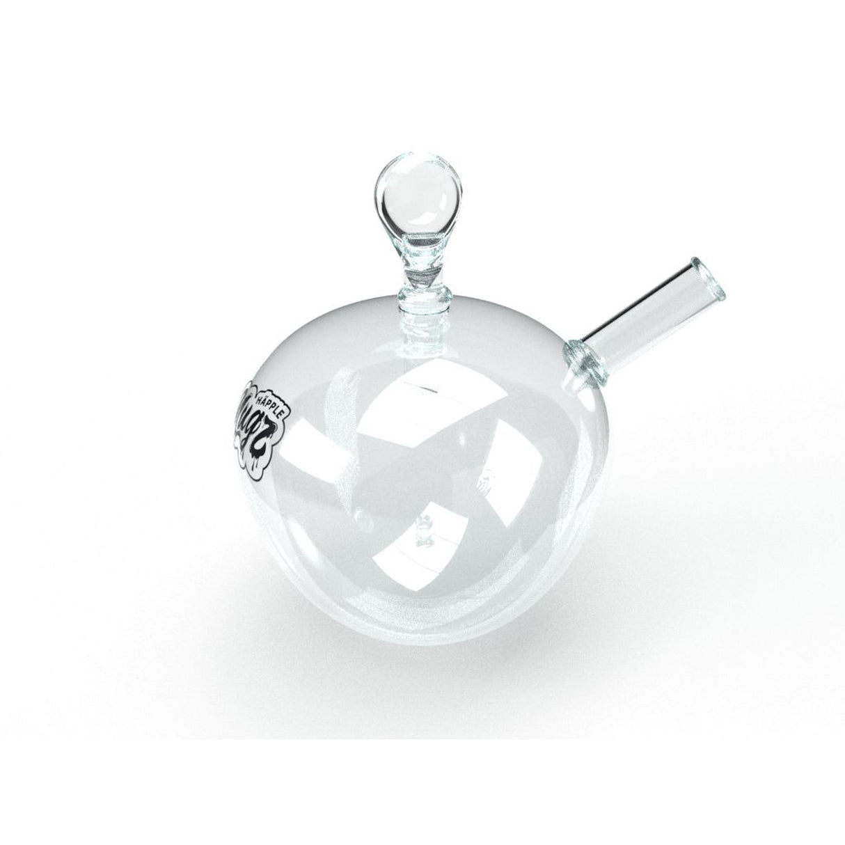 Glass bong titled Nugz Häpple, featuring a sleek tube and bubble handle, designed for dense clouds and sophisticated use.