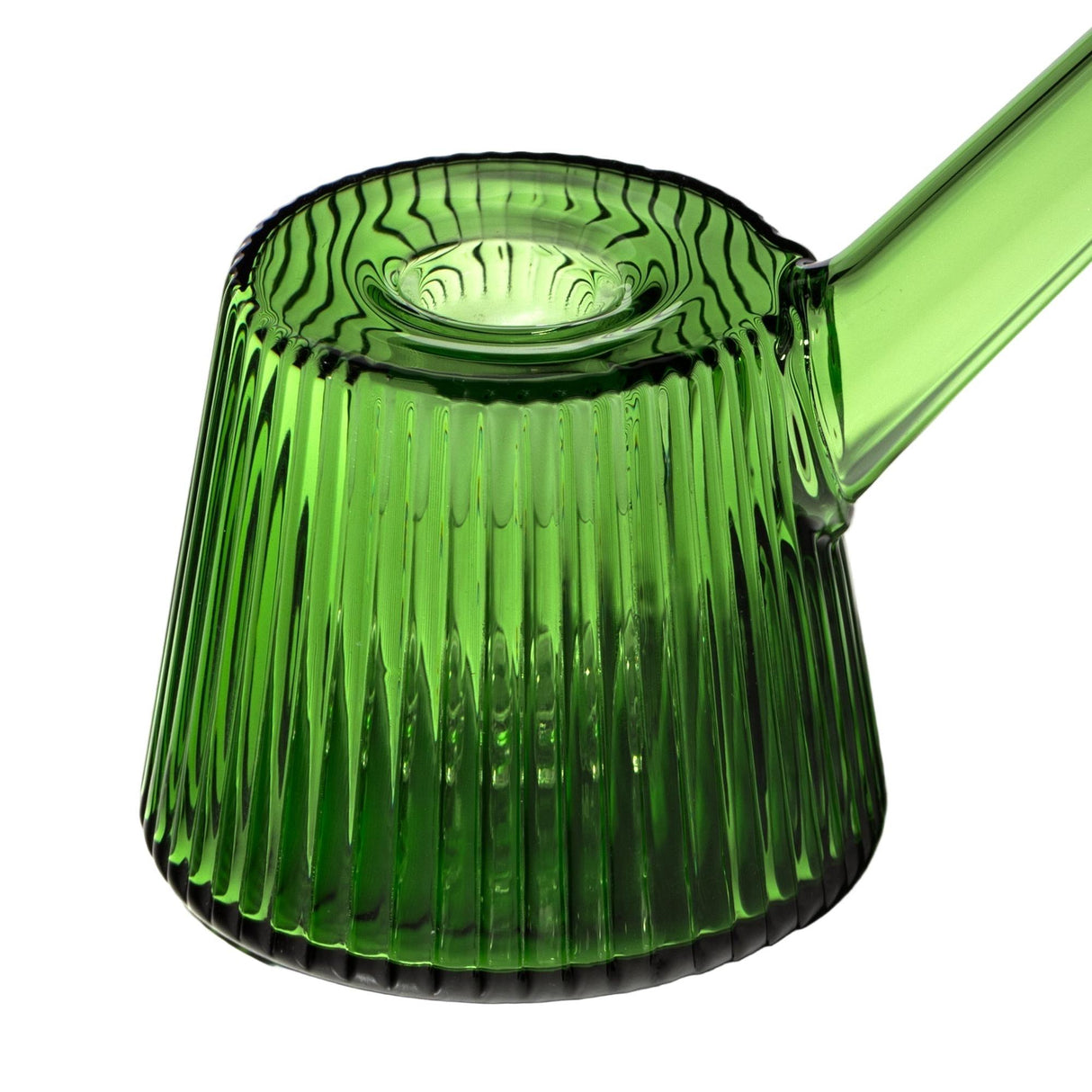 Close-up of the Deco Bubbler, showcasing its ribbed, translucent green glass and elegant spout, embodying Art Deco elegance and modern precision in design.