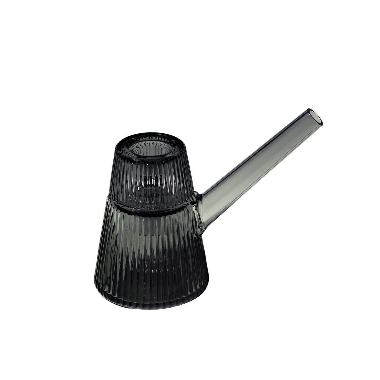 Deco Bubbler: A ribbed glass water-pipe featuring an Art Deco design with a water chamber, angled mouthpiece, and detachable components for easy cleaning.