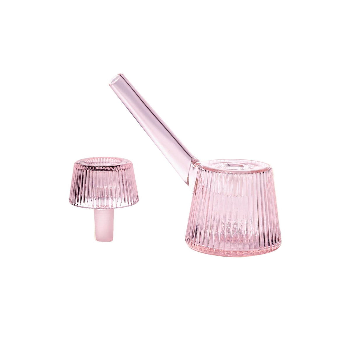Deco Bubbler: Ribbed pink glass set with an angled spout vessel and removable bowl, showcasing Art Deco elegance and modern precision in a compact, ergonomic design.
