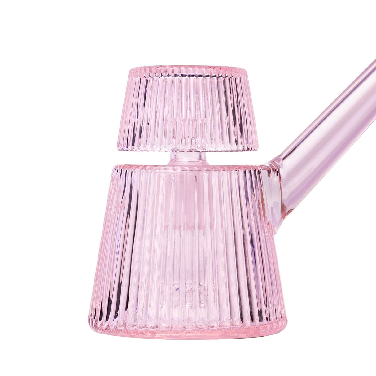 Deco Bubbler: Pink ribbed-glass teapot with fluted body, removable lid, and spout, blending Art Deco style with modern functionality for smooth water filtration.