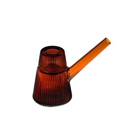 Deco Bubbler: An amber-tinted, ribbed-glass pitcher with a narrow spout and small filling opening, blending vintage elegance with modern functionality.