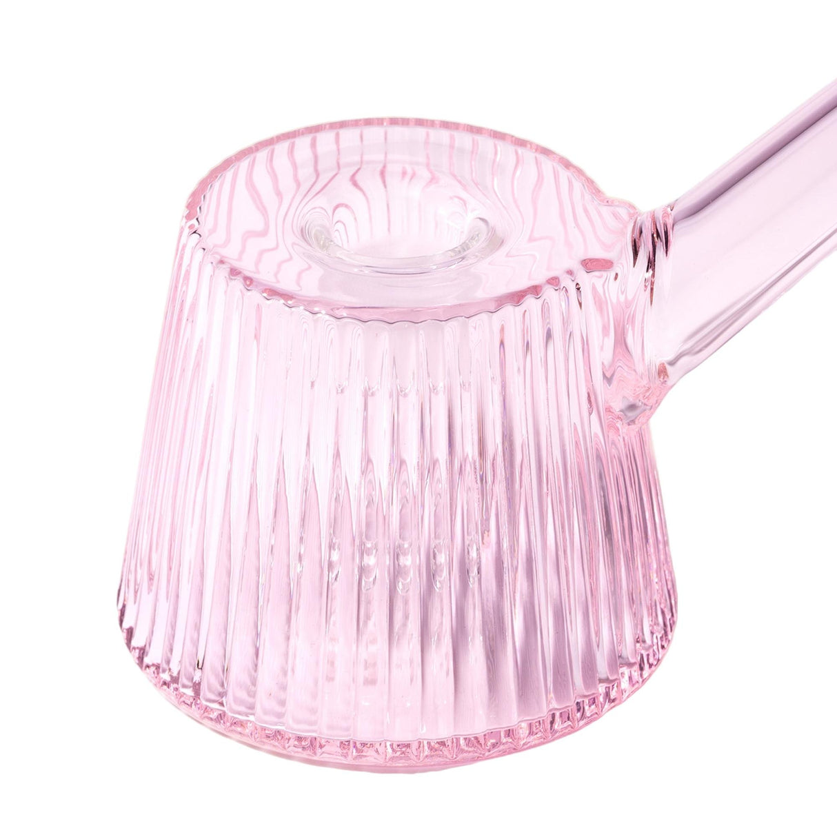 Deco Bubbler in translucent pink glass, featuring a fluted, conical body with ribbing and a short handle, showcasing Art Deco elegance and modern utility.