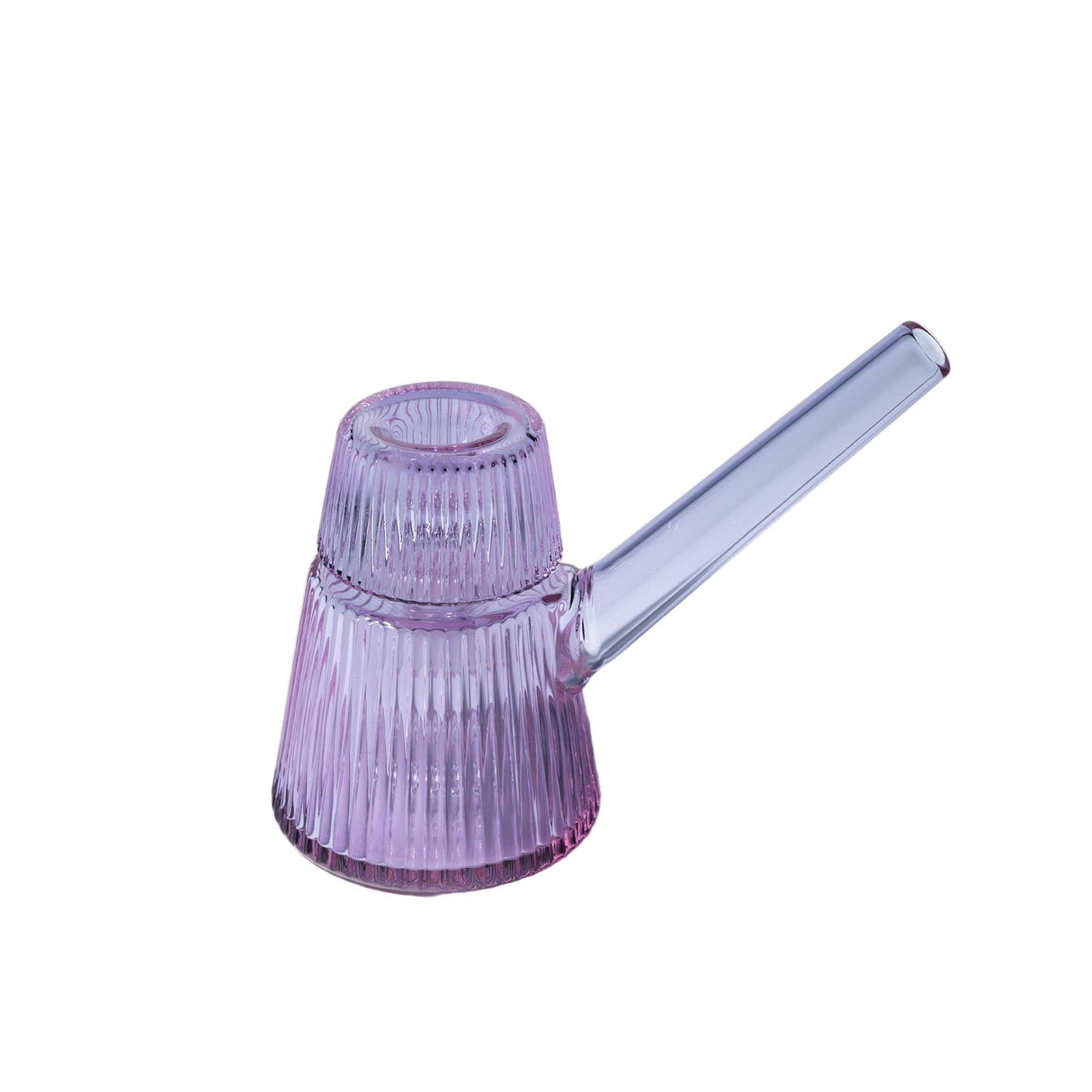 Deco Bubbler in ribbed lavender glass, teapot-style with conical body and long spout, blending Art Deco elegance with modern functionality.
