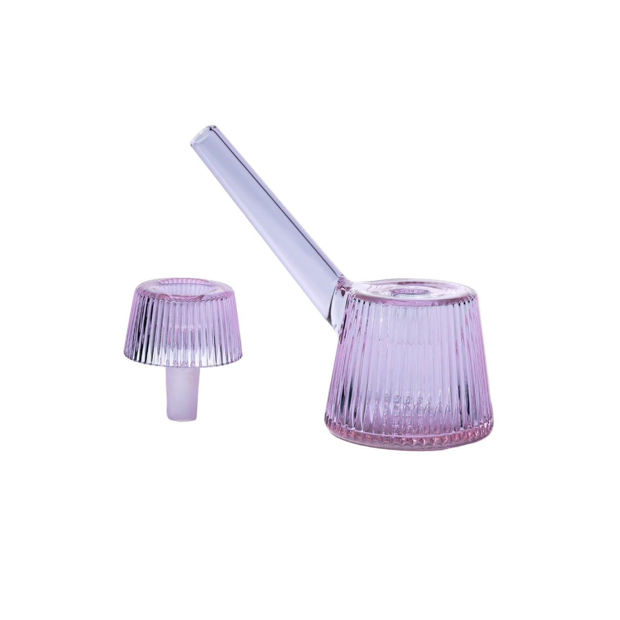 Deco Bubbler setup with a ribbed glass banger and carb cap, showcasing Art Deco elegance and modern precision in tinted purple borosilicate glass.