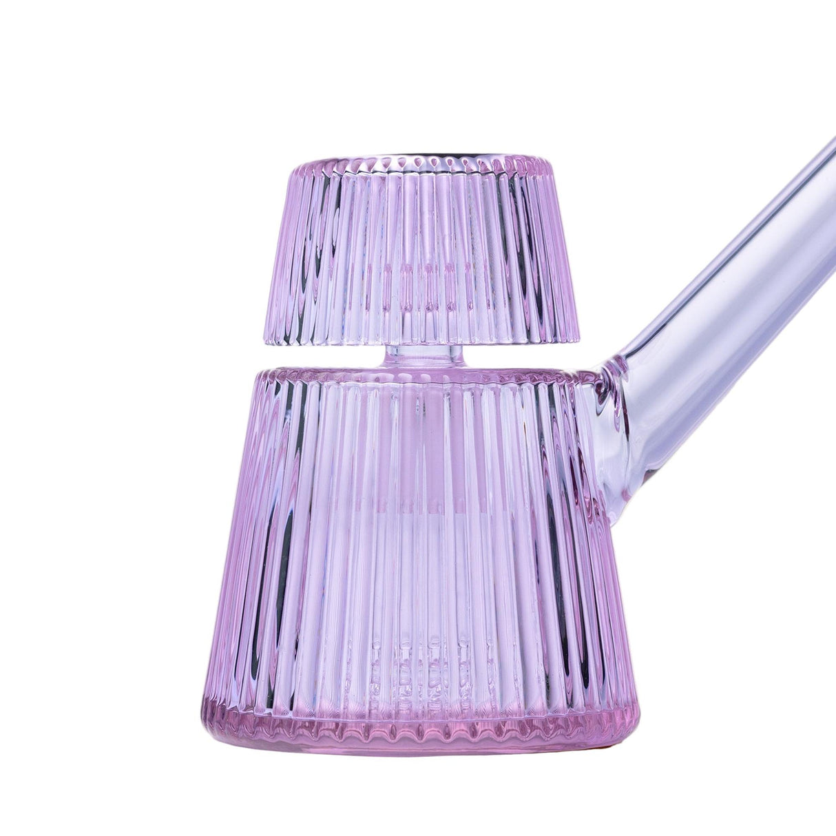 Deco Bubbler: Transparent purple, rib-textured glass pipe with fluted water chamber, ergonomic angled mouthpiece, showcasing Art Deco elegance and modern design.