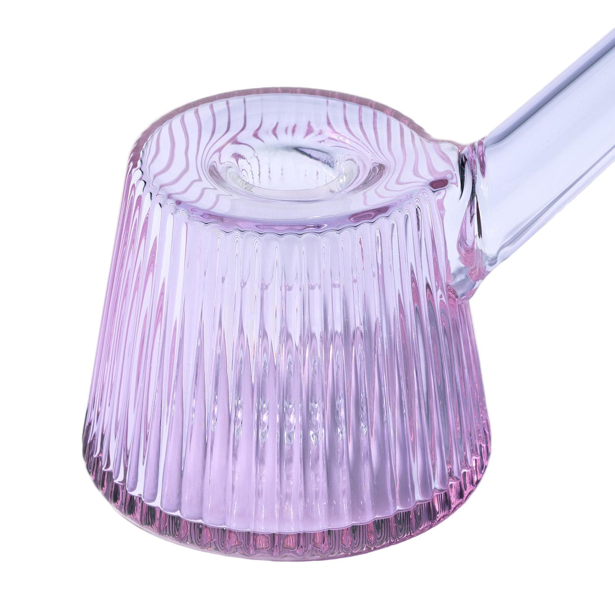 Upside-down Deco Bubbler featuring ribbed, purple-tinted glass with a circular base and tubular handle, showcasing its vintage-inspired, sculptural design and ergonomic form.