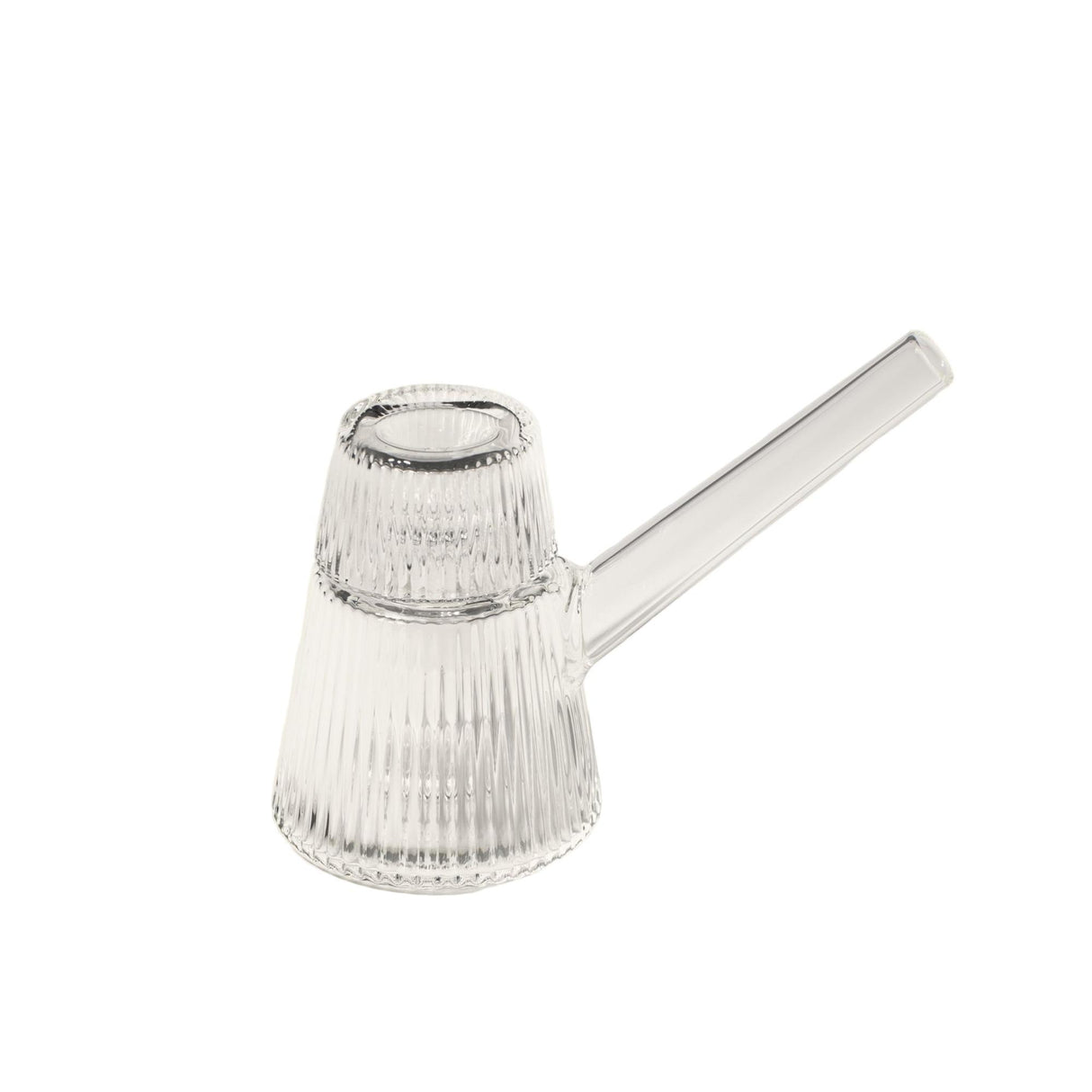 Deco Bubbler: Clear glass hand pipe with ribbed, conical chamber and angled mouthpiece, blending vintage-inspired Art Deco elegance with modern functionality and ease of use.